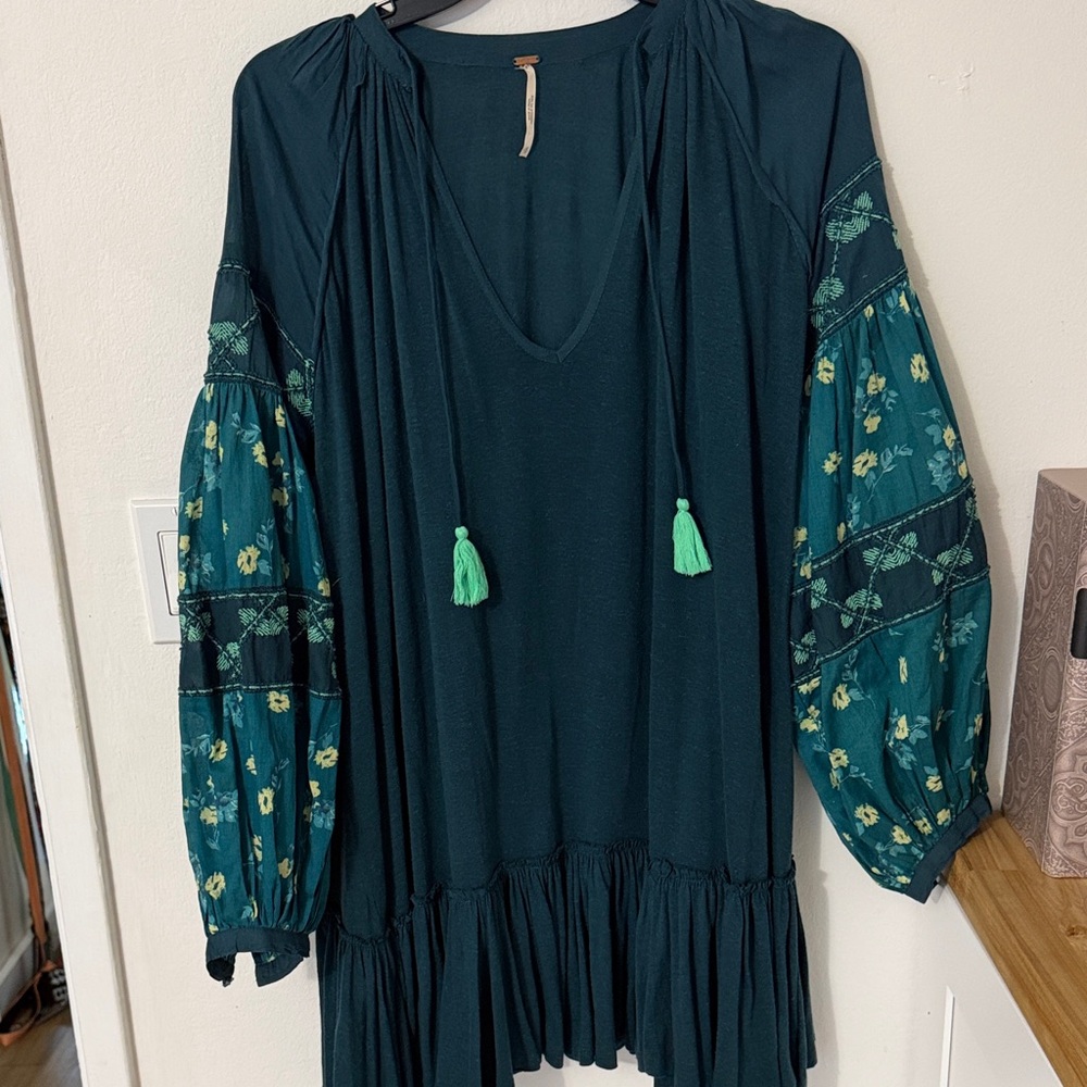Free People Teal Boho Blouse with Floral Sleeves
